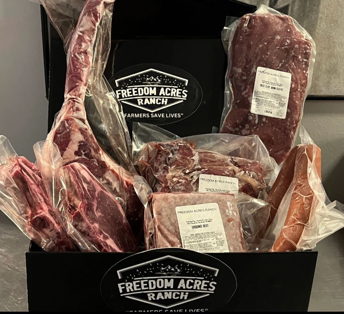 A Freedom Acres Ranch meat box, packed with beef cuts, at Freedom Acres Ranch